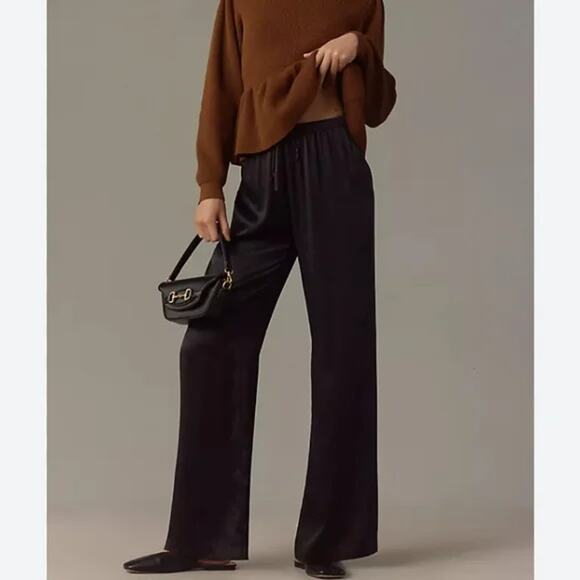 Reformation Pants Womens Small Olina Silk Straight Wide Leg Black Pull On Satin - Picture 2 of 10